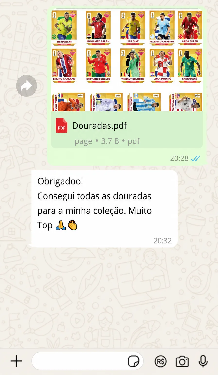 Print de WhatsApp com cliente agradecendo após receber o PDF das figurinhas douradas